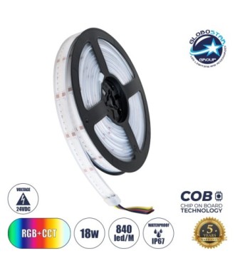 GLOBOSTAR® BEE 73416 Ταινία LED 18W-m 1980lm-m 120° DC 24V Αδιάβροχη IP67 840 x COB Chip-m Πολύχρωμο RGBW+WW Dimmable - Sanan COB Chip - Μ500 x Π1.2 x Υ0.2cm - Ρολό 5 Μέτρων - 5 Χρόνια Εγγύηση